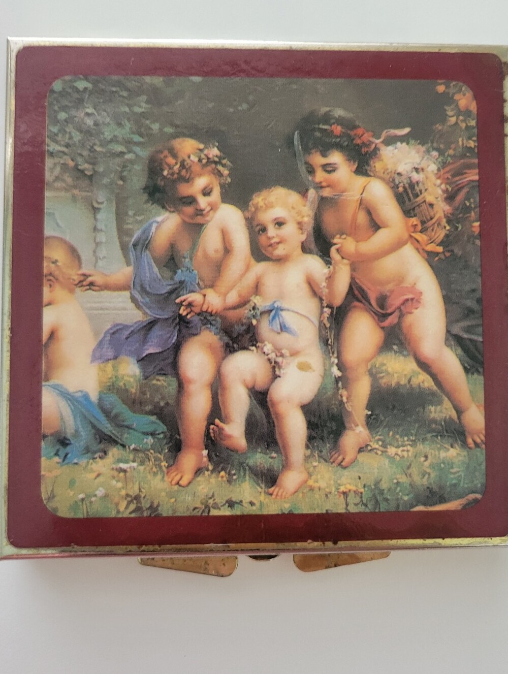 Vintage Cherubs Angels Gold Tone Pill Box Case Organizer Mirror Compact
